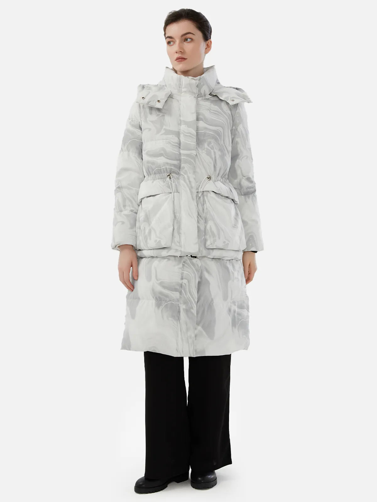 White-Grey Hooded Down Coat Convertible from Long to Short Style