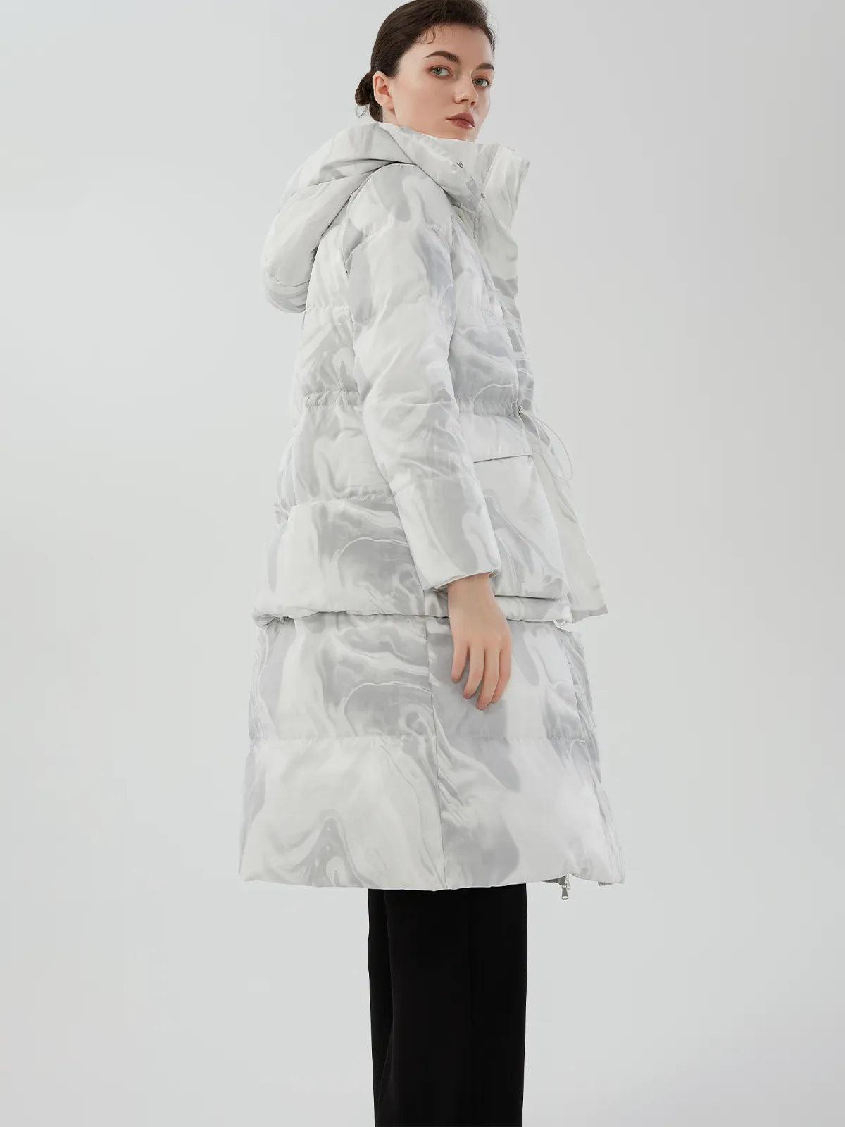 Elegant White Print Hooded Puffer Coat for Various Body Types