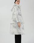 Elegant White Print Hooded Puffer Coat for Various Body Types
