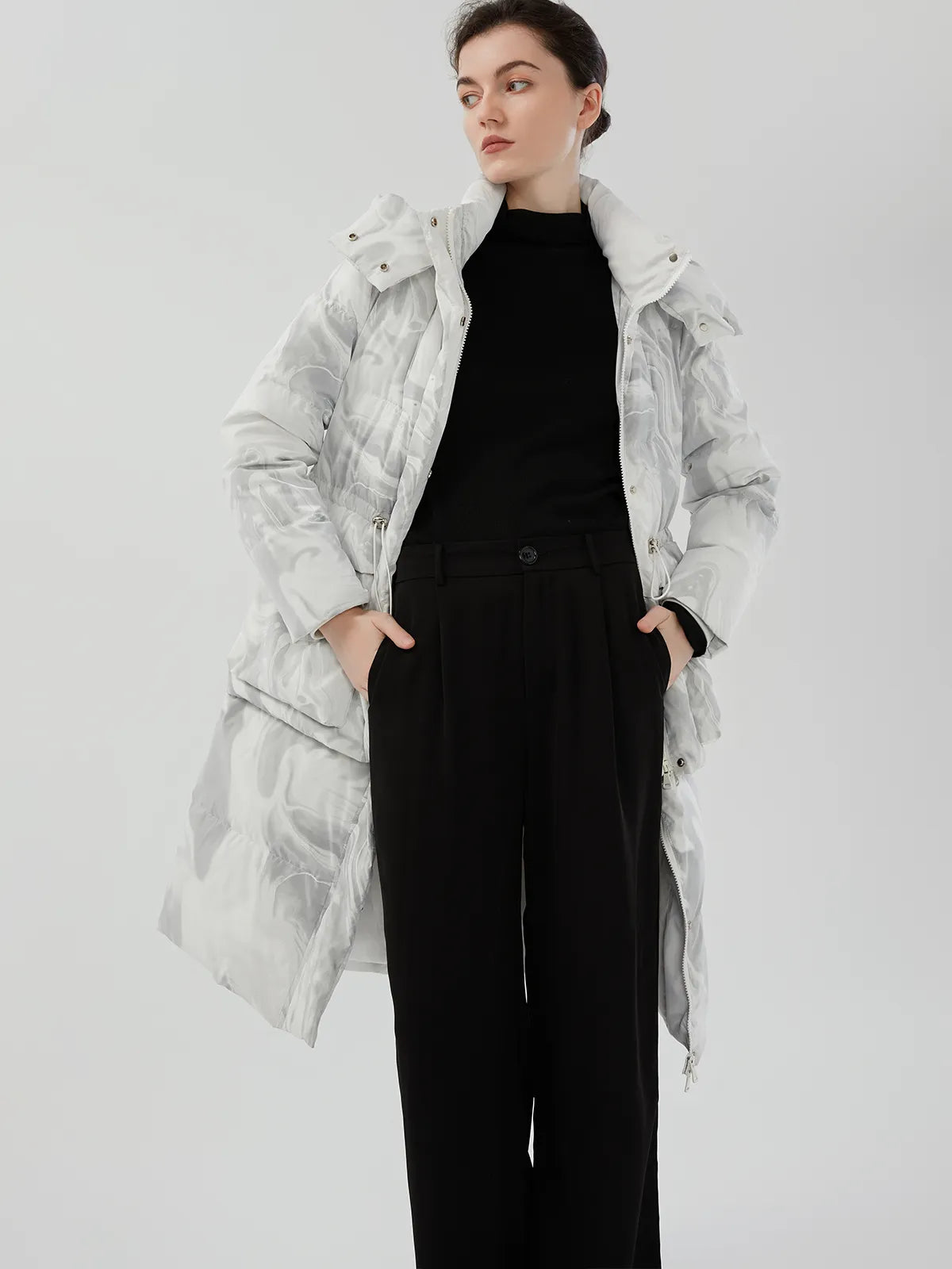 Transformable Waist-Drawstring Down Jacket in White-Grey 