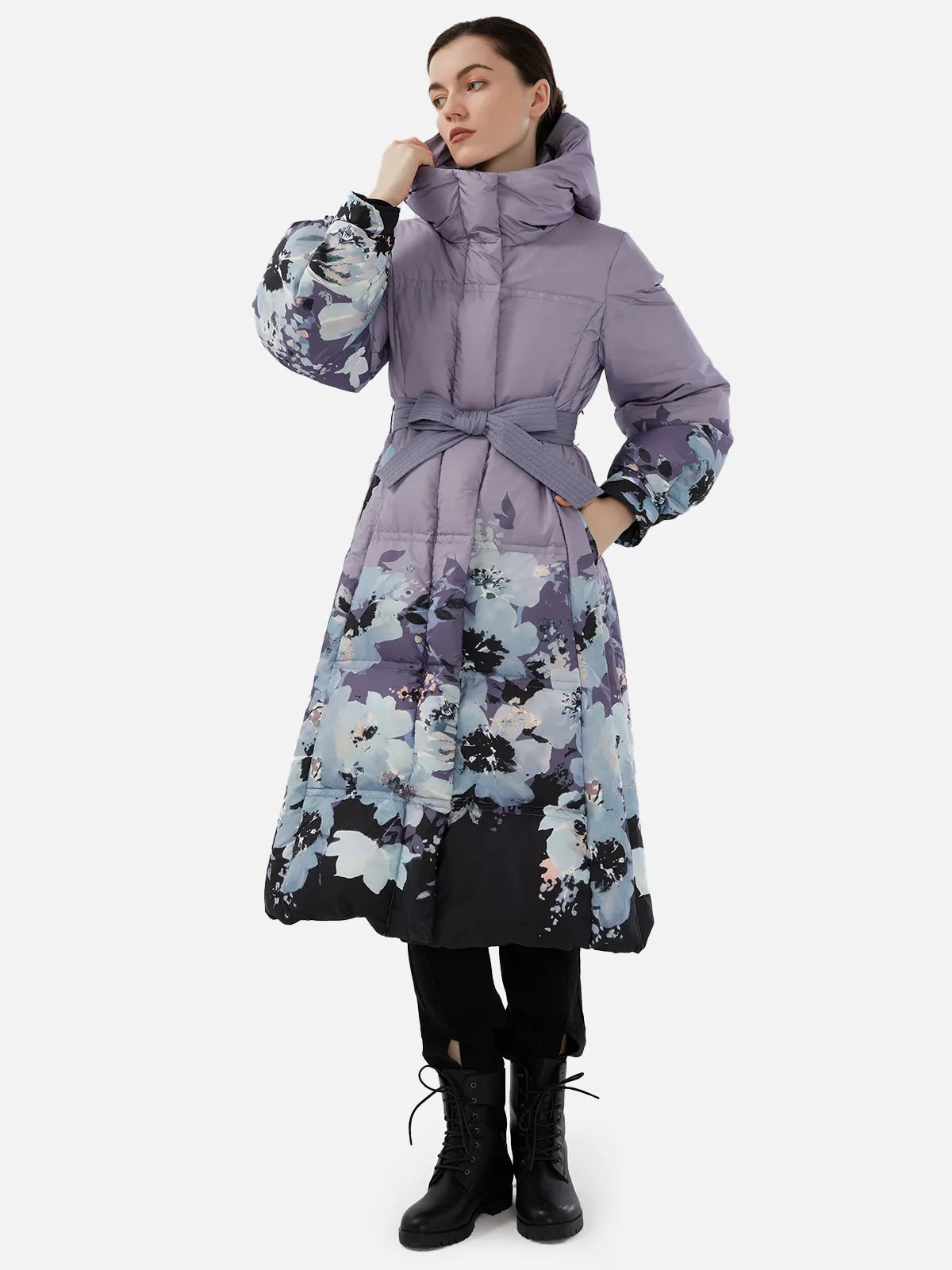 Floral Print A-Line Long Down Coat with Hood and Belt