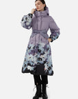Floral Print A-Line Long Down Coat with Hood and Belt