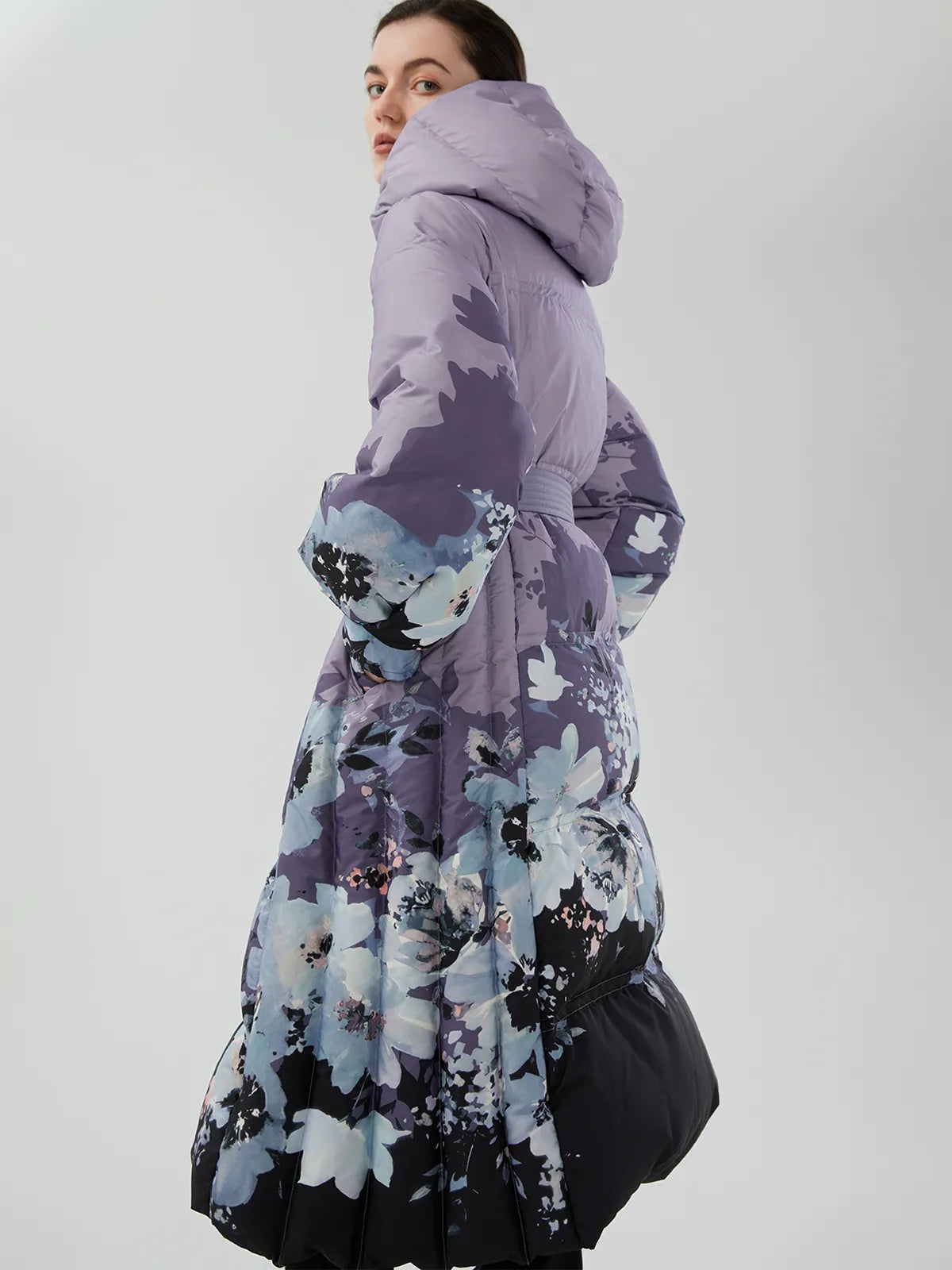 Elegant Hooded Purple Down Coat with Concentrated Floral Print