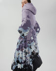 Elegant Hooded Purple Down Coat with Concentrated Floral Print