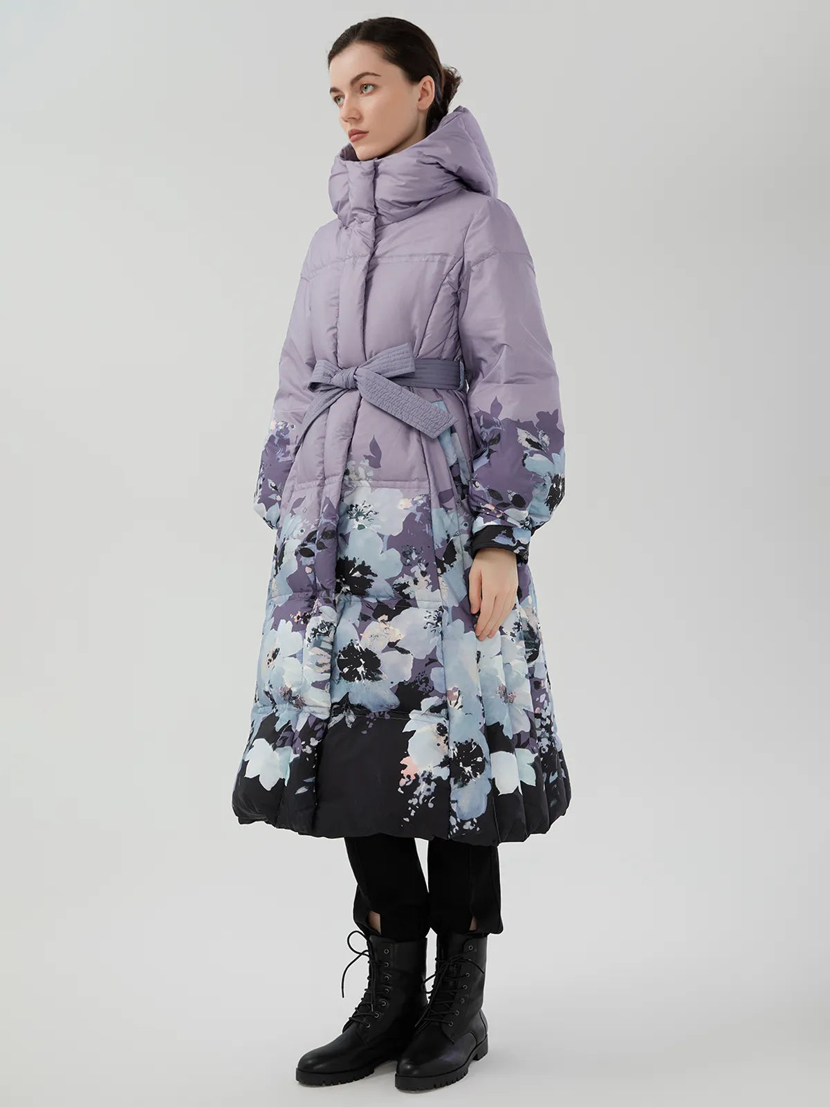 A-Line Silhouette Down Jacket with Floral Sleeves and Hem Detail
