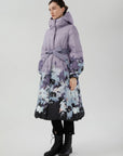 A-Line Silhouette Down Jacket with Floral Sleeves and Hem Detail