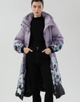 Versatile Belted Hooded Down Coat in Purple with Floral Accents