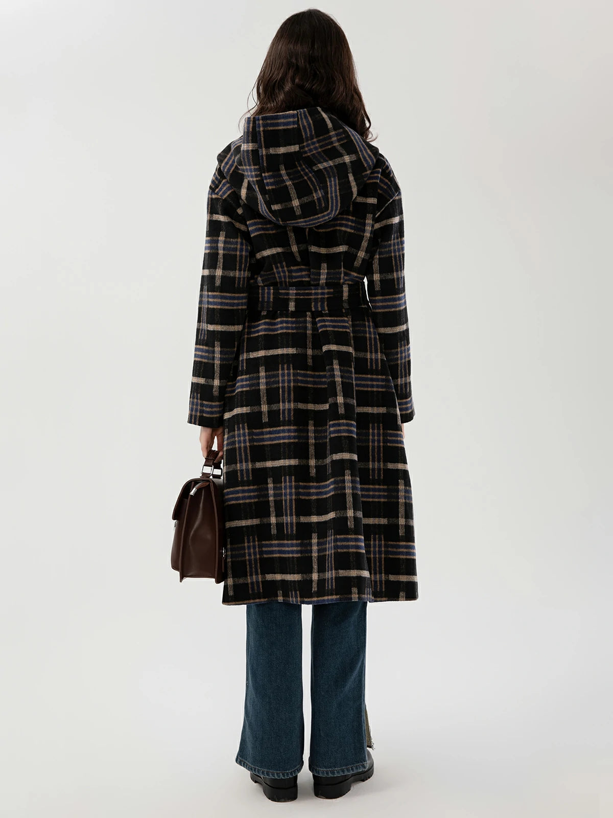 Retro-inspired blue-black plaid coat with a hood for a cozy and chic ensemble