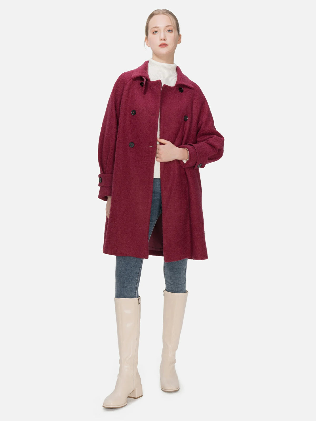 Elevate your winter wardrobe with this deep magenta wool coat, featuring stand collar and lapel options, a double-breasted design, and an elegant silhouette.