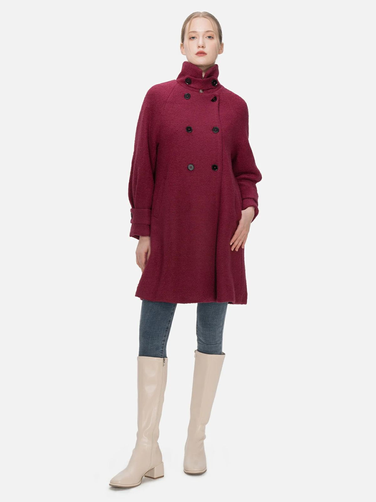 Discover the perfect fit in this deep magenta double-breasted wool coat, tailored to perfection with stand collar and lapel options, ensuring a versatile and confidently stylish addition to your winter wardrobe.