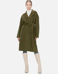 Elevate your winter style with this deep olive green wool coat featuring a lapel and belt design, concealed button details, and a mid-length silhouette for a perfect blend of elegance and modern fashion.
