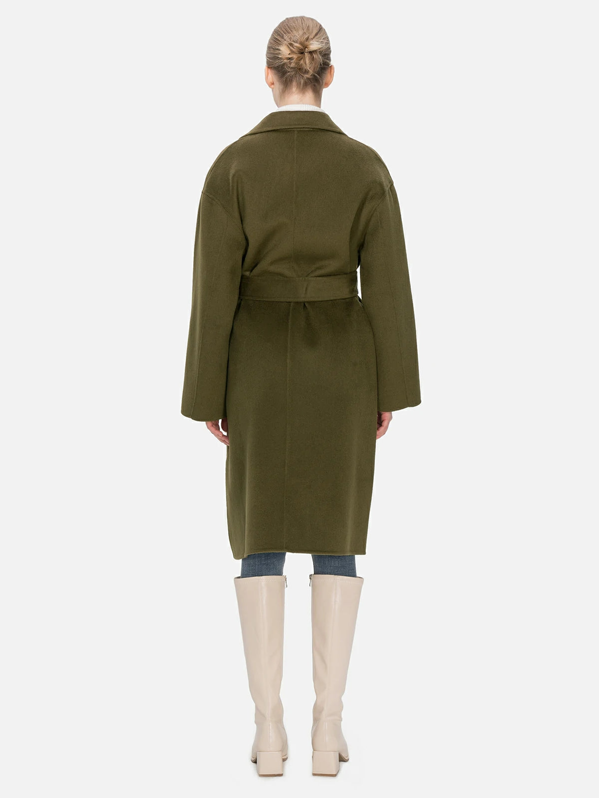 Redefine your outerwear collection with this elegant deep olive green wool coat, showcasing a lapel and belt design, concealed button details, and a mid-length silhouette.