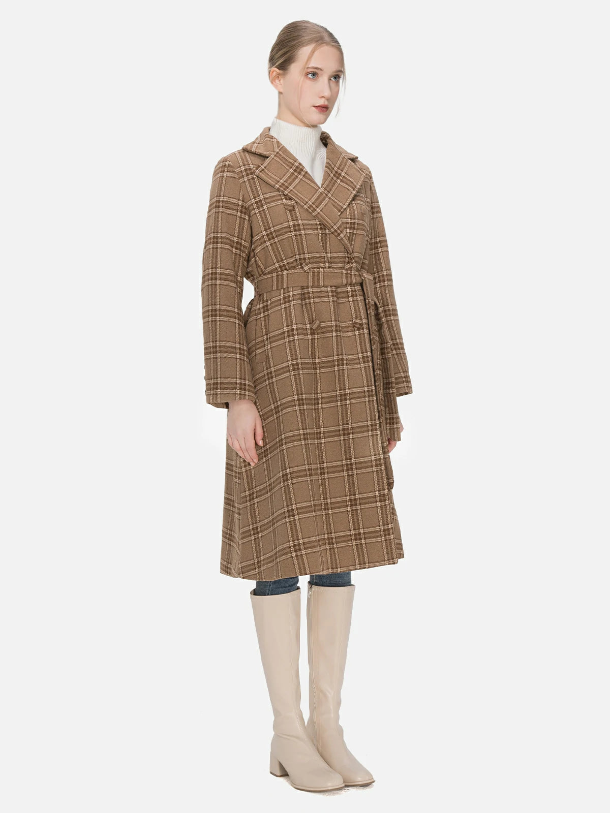 Redefine your outerwear collection with this elegant brown double-breasted coat, showcasing a flat lapel design, belted style, and checkered pattern for a contemporary touch of sophistication.