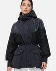 Black hooded down jacket with drawstring waist