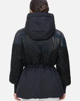 Versatile winter wear with a black drawstring down jacket and hooded design