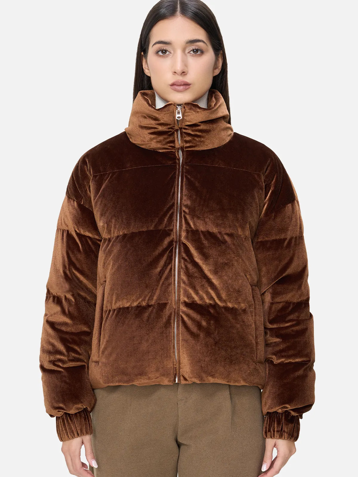 Chic Velvet Puffer Jacket with Goose Down Filling for Winter Elegance