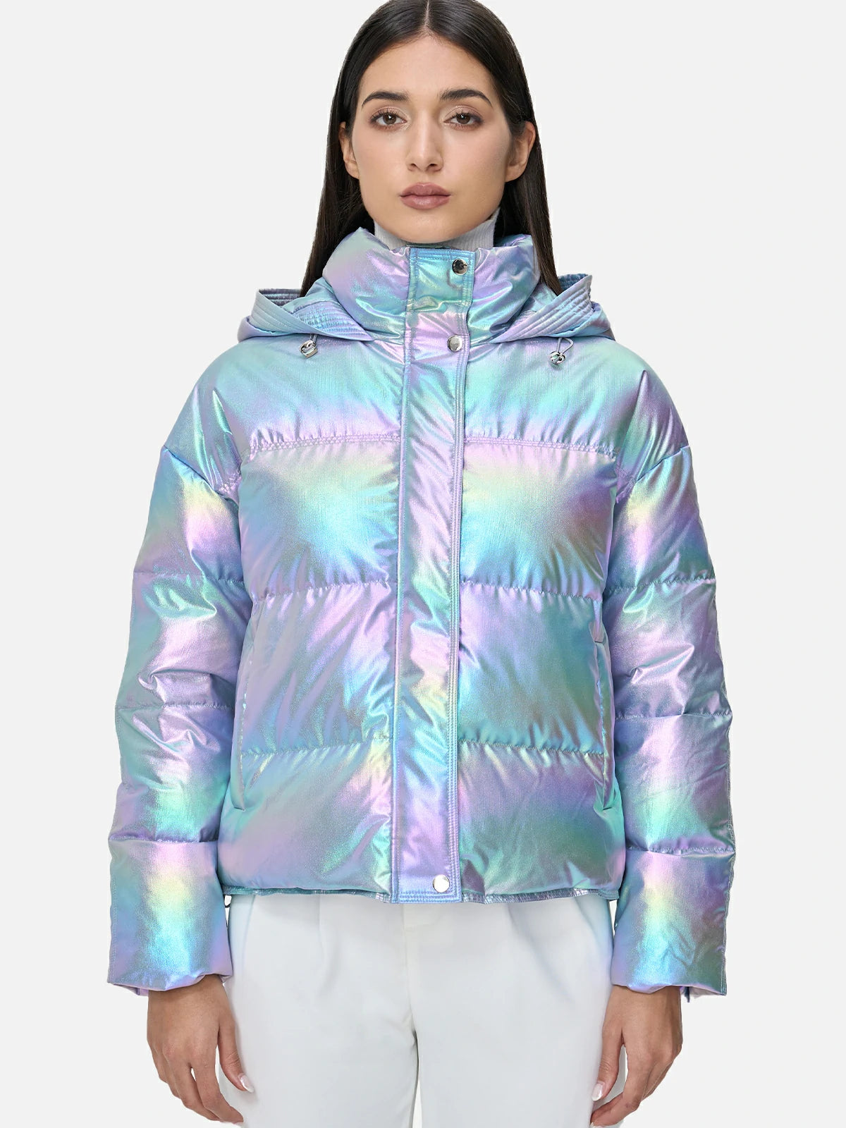 Iridescent Winter Jacket with Hood and Adjustable Drawstrings