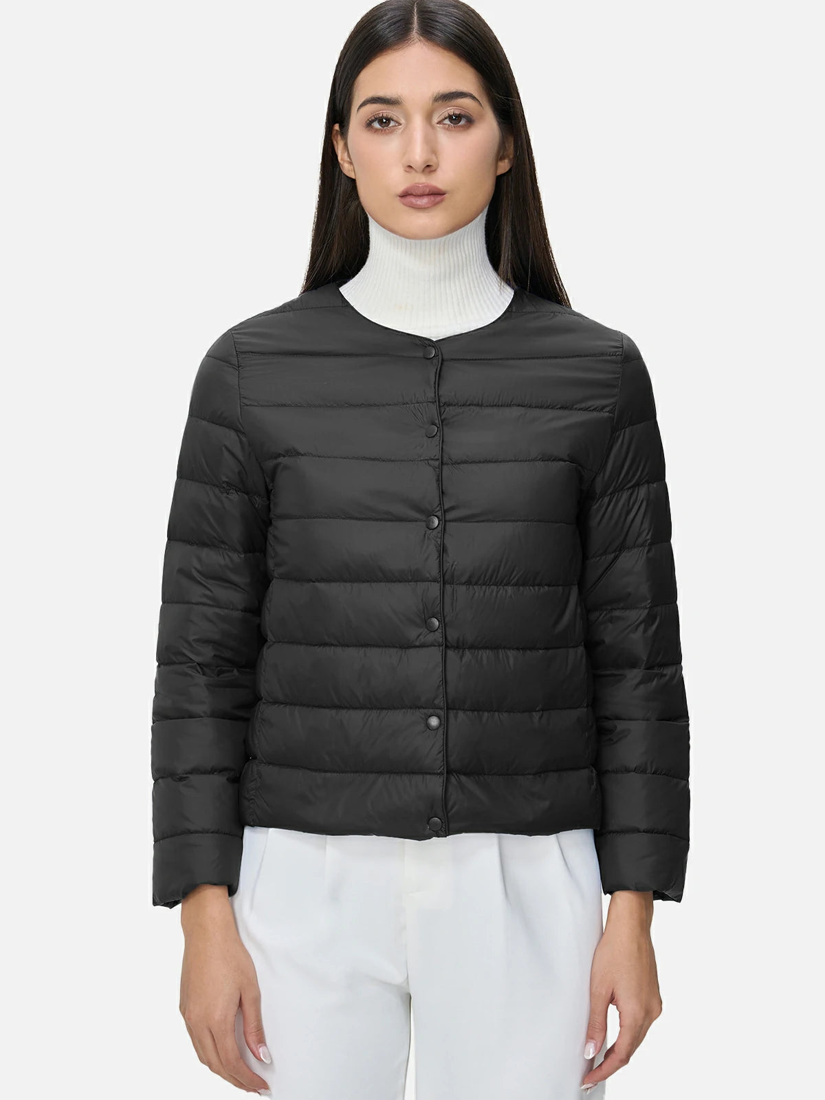 Fashionable round-neck snap-button black short-length goose down jacket