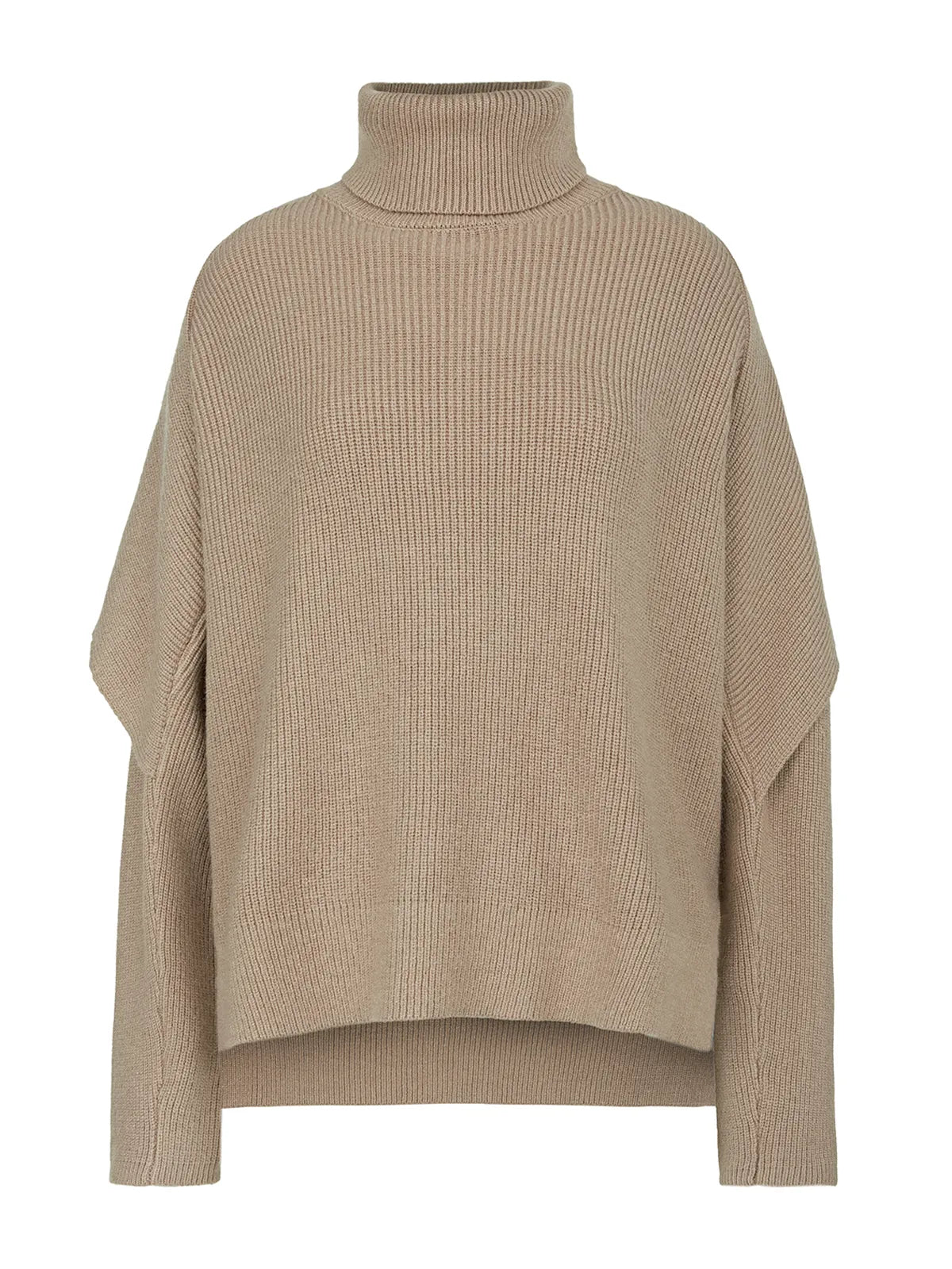 Achieve cozy elegance with this streamlined turtleneck sweater, adorned with unique sleeve detailing for a sophisticated and fashionable winter ensemble.