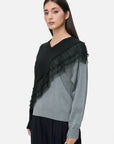 Elevate your wardrobe with this chic round neck sweater, featuring a sophisticated black and gray color-blocked design and delicate lace chiffon detailing for an effortlessly stylish look.