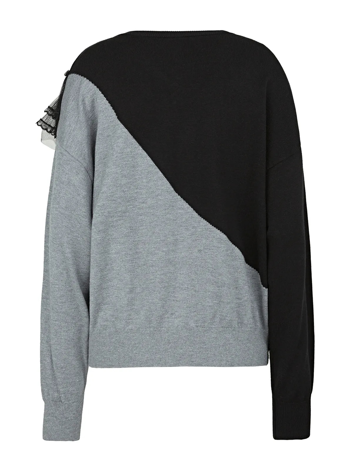 Achieve a timeless and fashionable look with this color-blocked sweater, featuring a classic black and gray palette and a modern diagonal cut design that effortlessly combines tradition with trend.