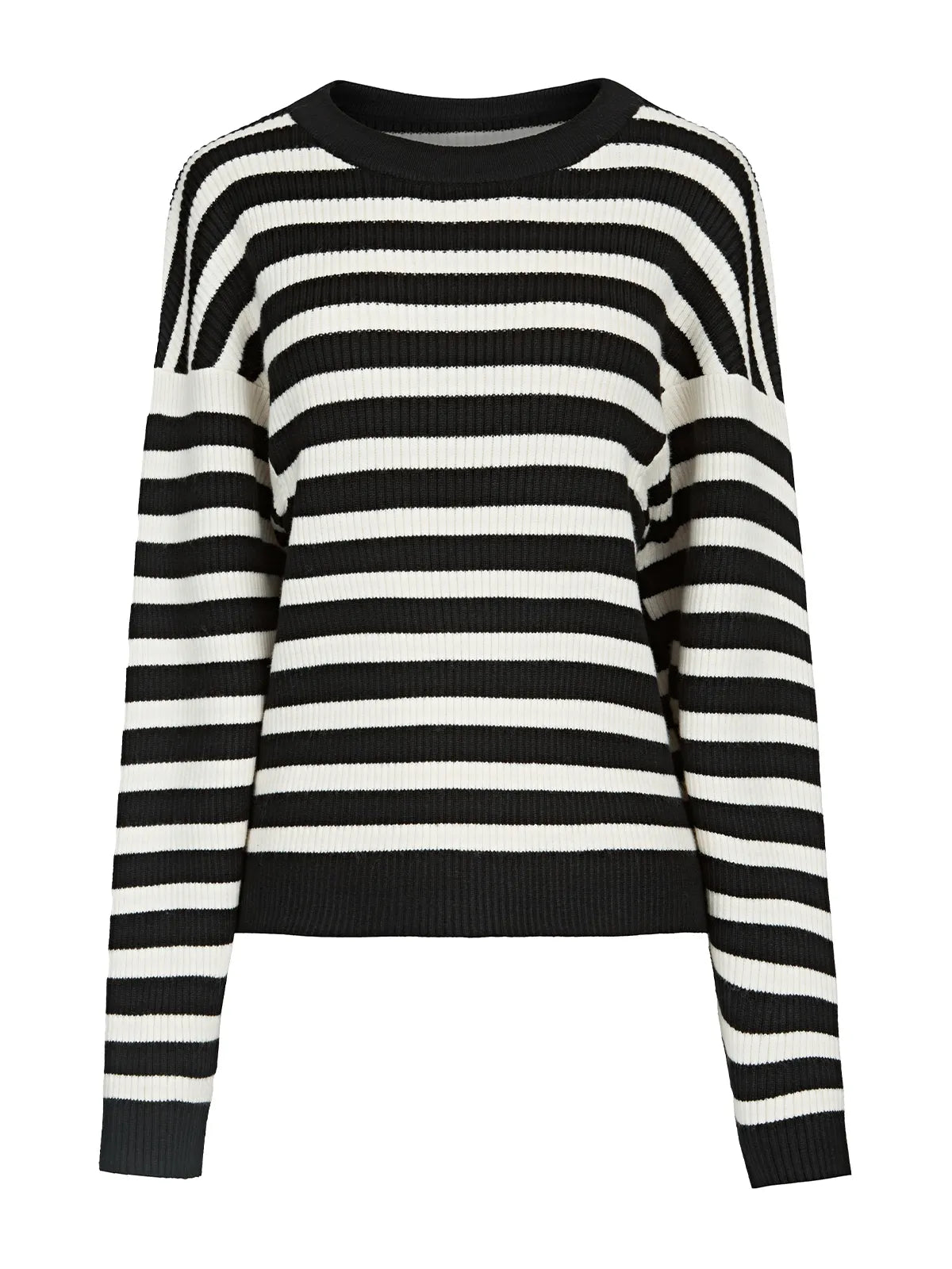Stay on-trend with this modern ribbed sweater, complete with a round neckline and classic black and white stripes, offering a perfect balance of sophistication and contemporary style.