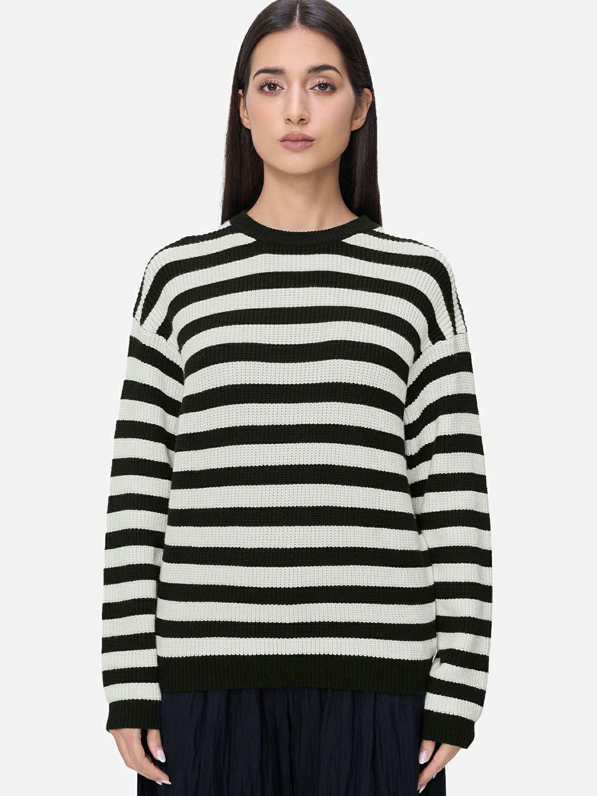 Chic Black and White Striped Ribbed Sweater with Round Neck
