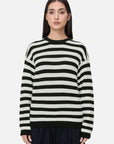 Chic Black and White Striped Ribbed Sweater with Round Neck