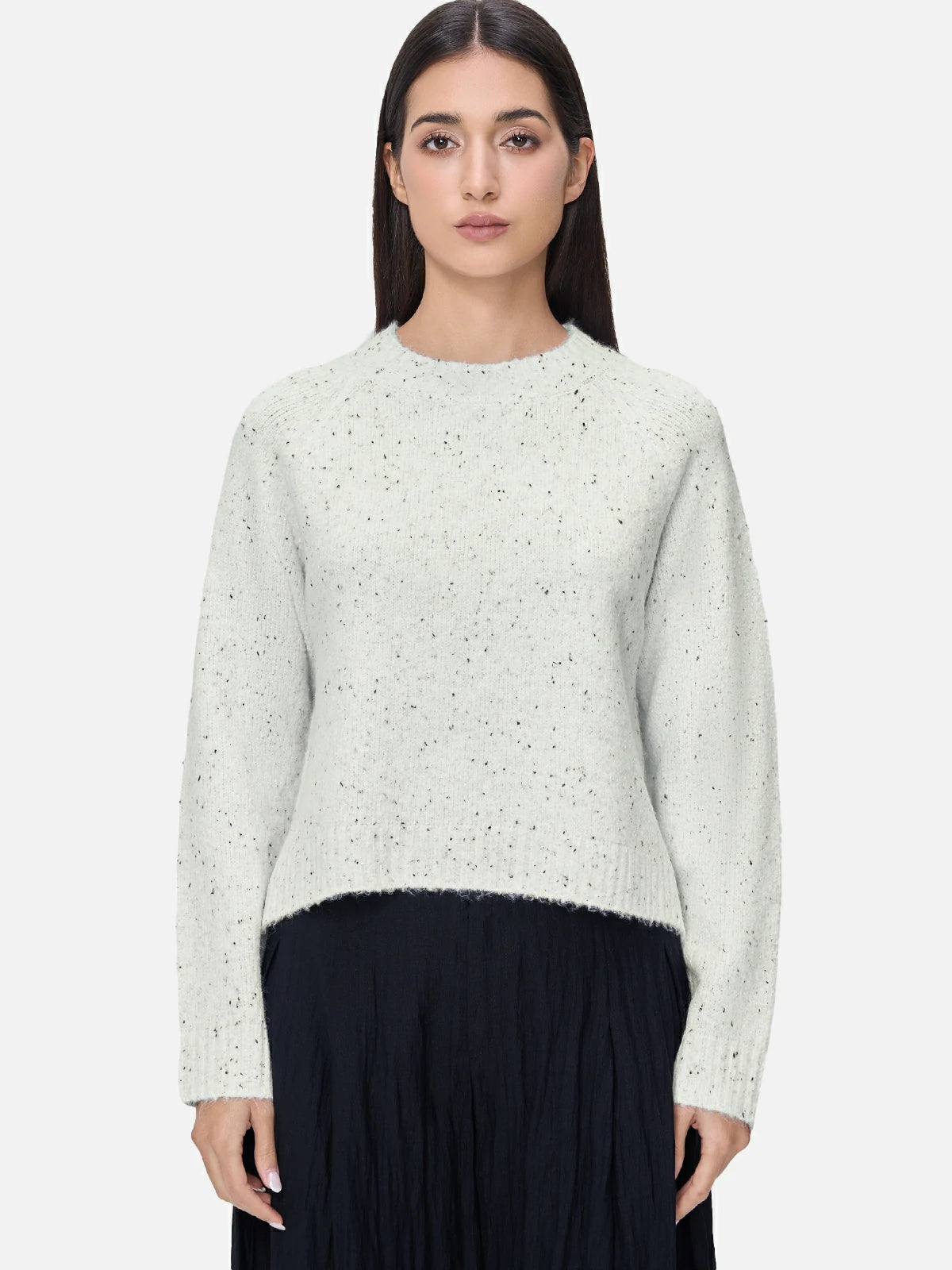 Chic White Crewneck Sweater with Black Polka Dot Details