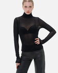 Elevate your style with this high-neck sheer mesh top, a slim-fit black designed for both elegance and allure.