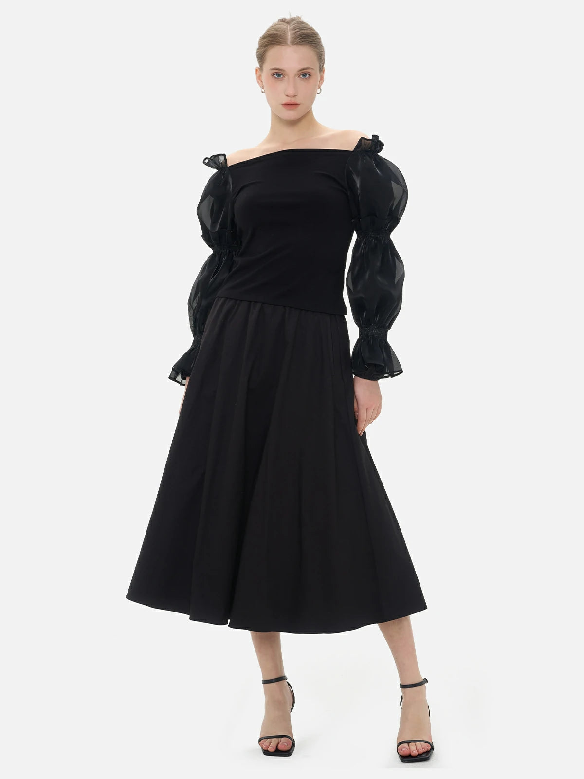 Elegant black mesh blouse with a one-shoulder design