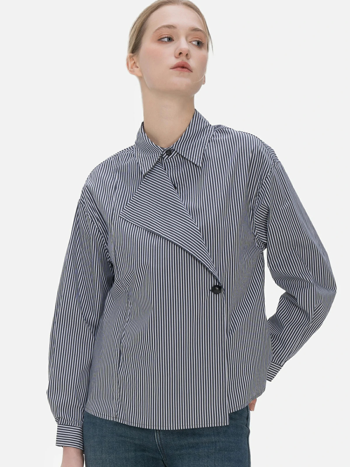 Classic blue and white striped shirt with unique chest splice