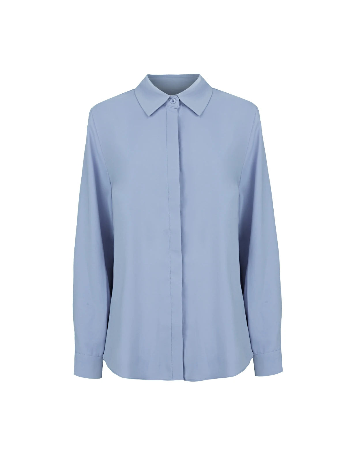 Feminine and comfortable blue chiffon shirt with a turnover collar, tailored cut, and delicate embellishments, providing an elegant choice for diverse occasions.