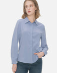 Tailored-cut chiffon shirt featuring a turnover collar and blue design, offering an elegant and comfortable fit for various occasions.
