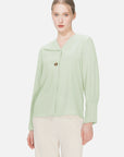 Elevate your wardrobe with this green chiffon blouse, featuring a V-neck design and pleated cuffs.