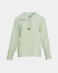Elevate your feminine charm with this V-neck chiffon blouse in green, featuring pleated cuffs and a refreshing color.