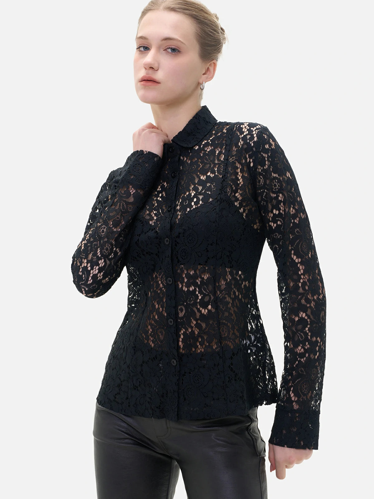 Sexy and sophisticated black see-through lace blouse with long sleeves