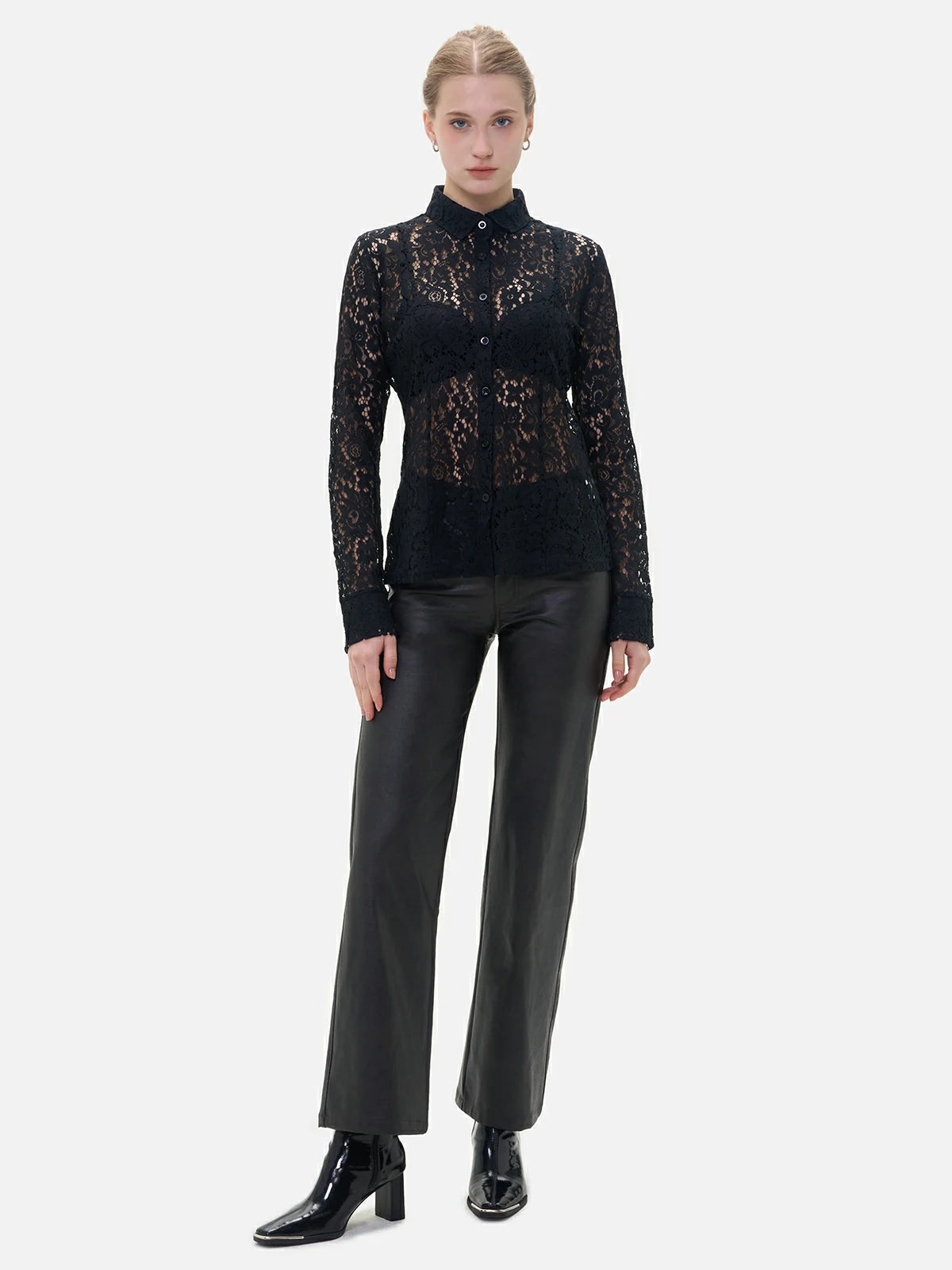 Sexy and sophisticated black see-through lace blouse with long sleeves