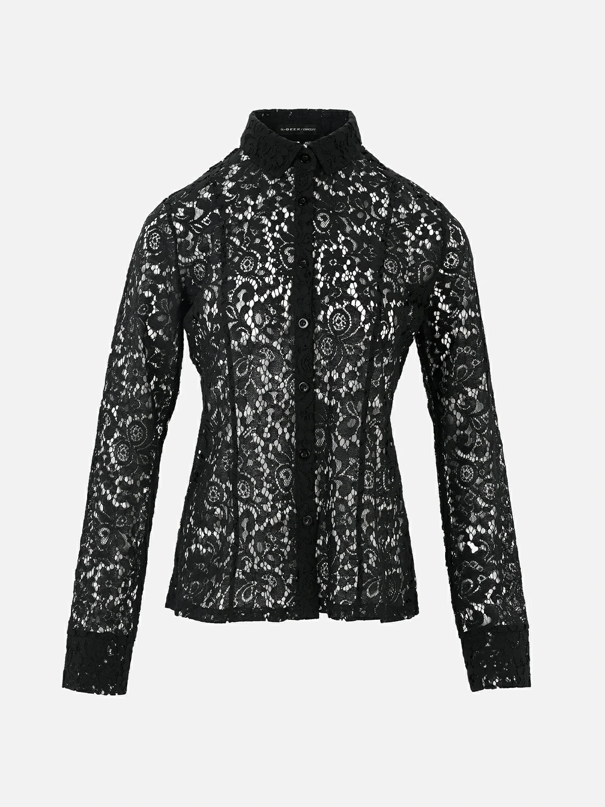 Women's black lace button-up blouse with long sleeves and classic collar