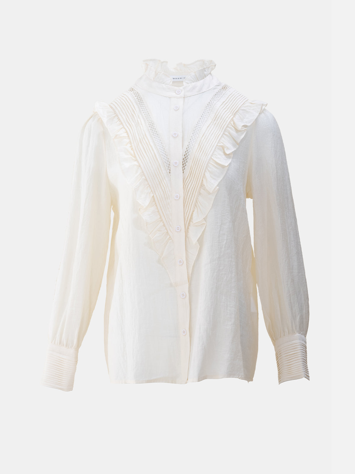 Vintage-inspired white ruffled blouse with lace details and high neckline