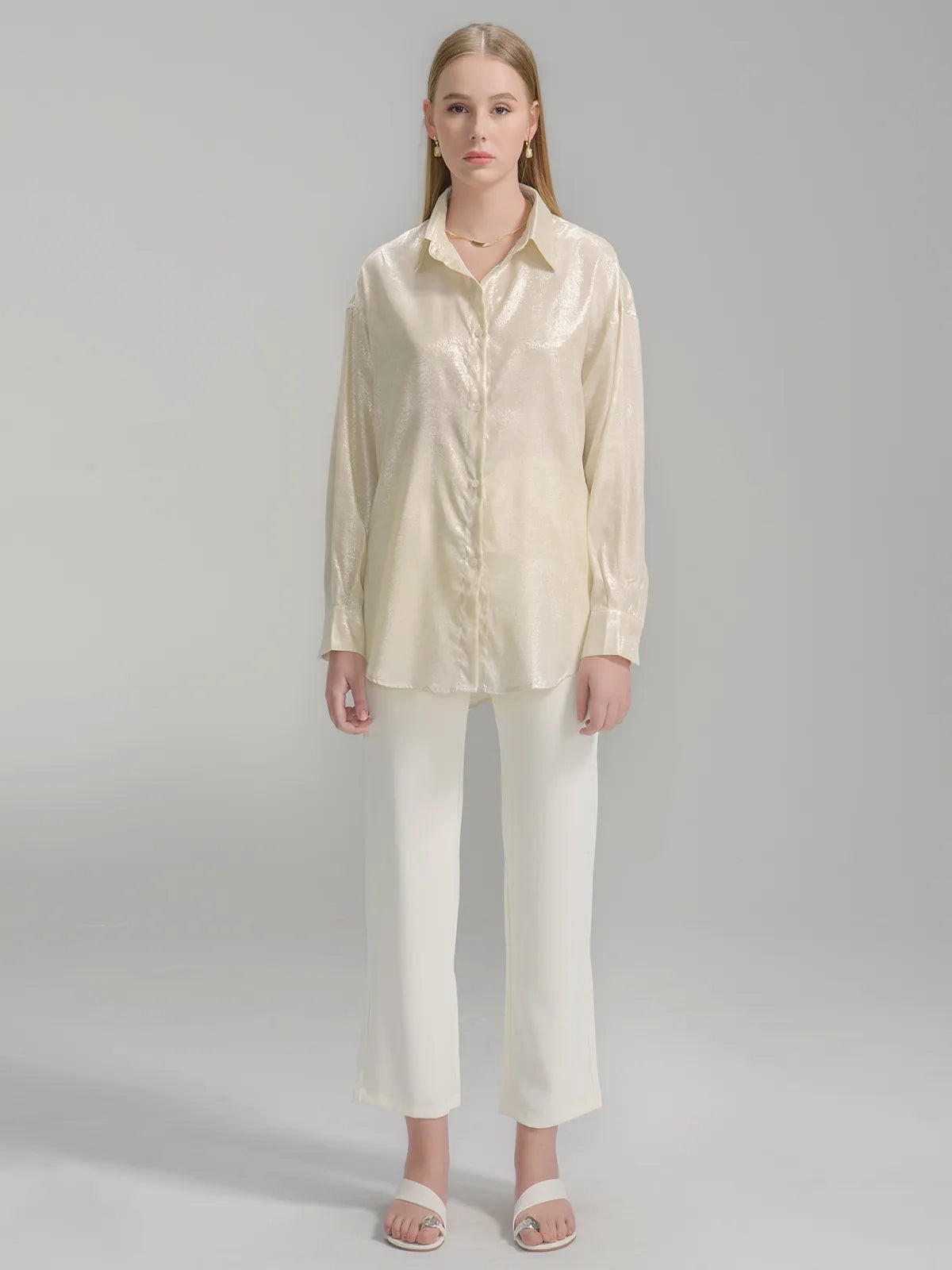 Metallic Button Up Long Sleeve Blouse
