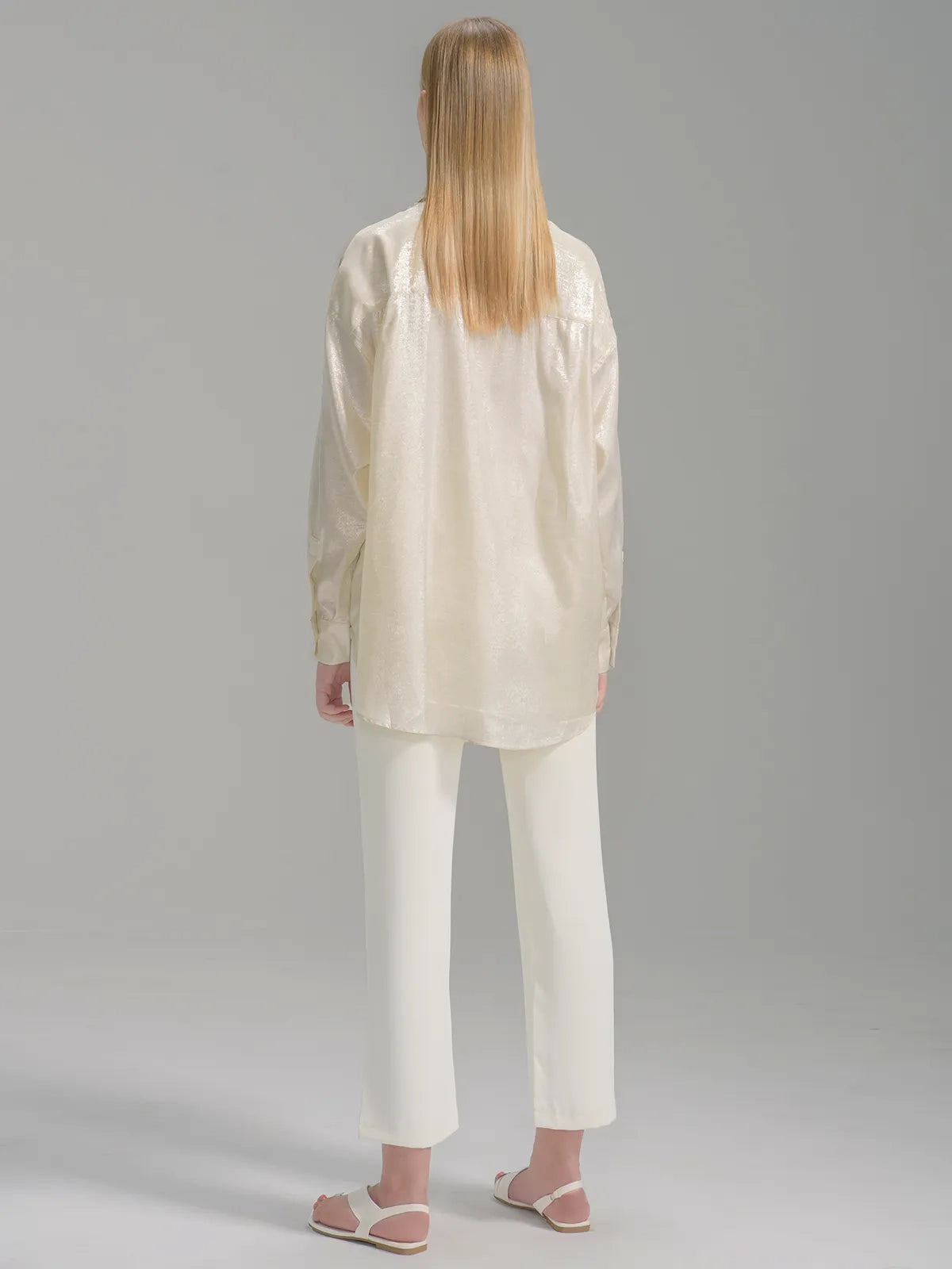 Metallic Button Up Long Sleeve Blouse