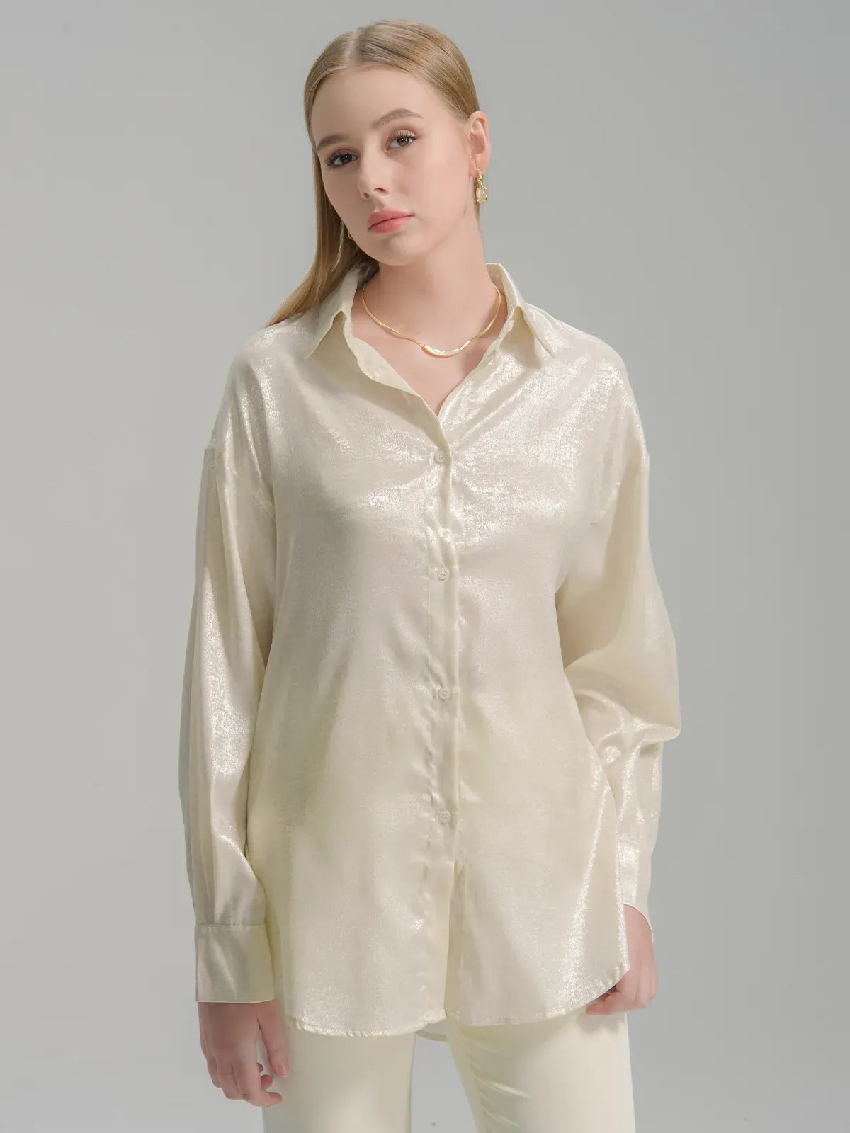 Metallic Button Up Long Sleeve Blouse