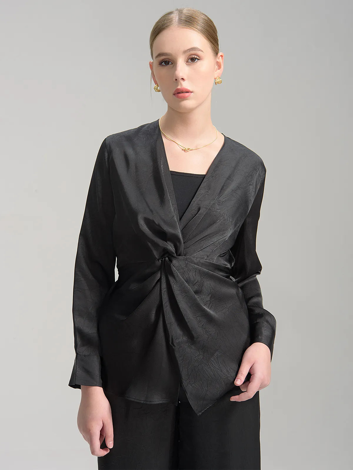 Satin V-Neck Twist Front Blouse