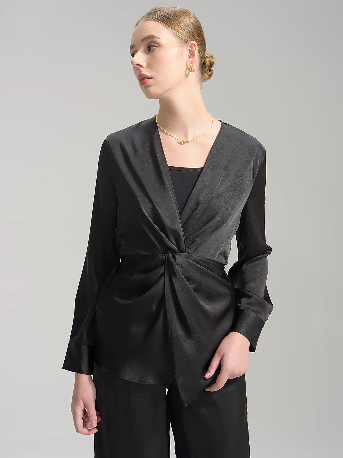 Satin V-Neck Twist Front Blouse