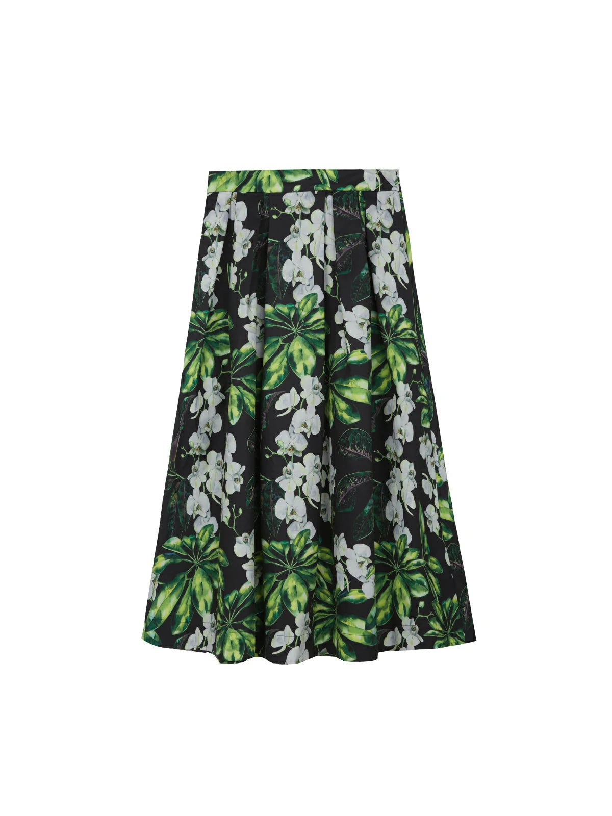 Vibrant color-blocked floral A-line midi skirt designed with a high-waisted fit and layered pleats, perfect for expressing a youthful and stylish look.