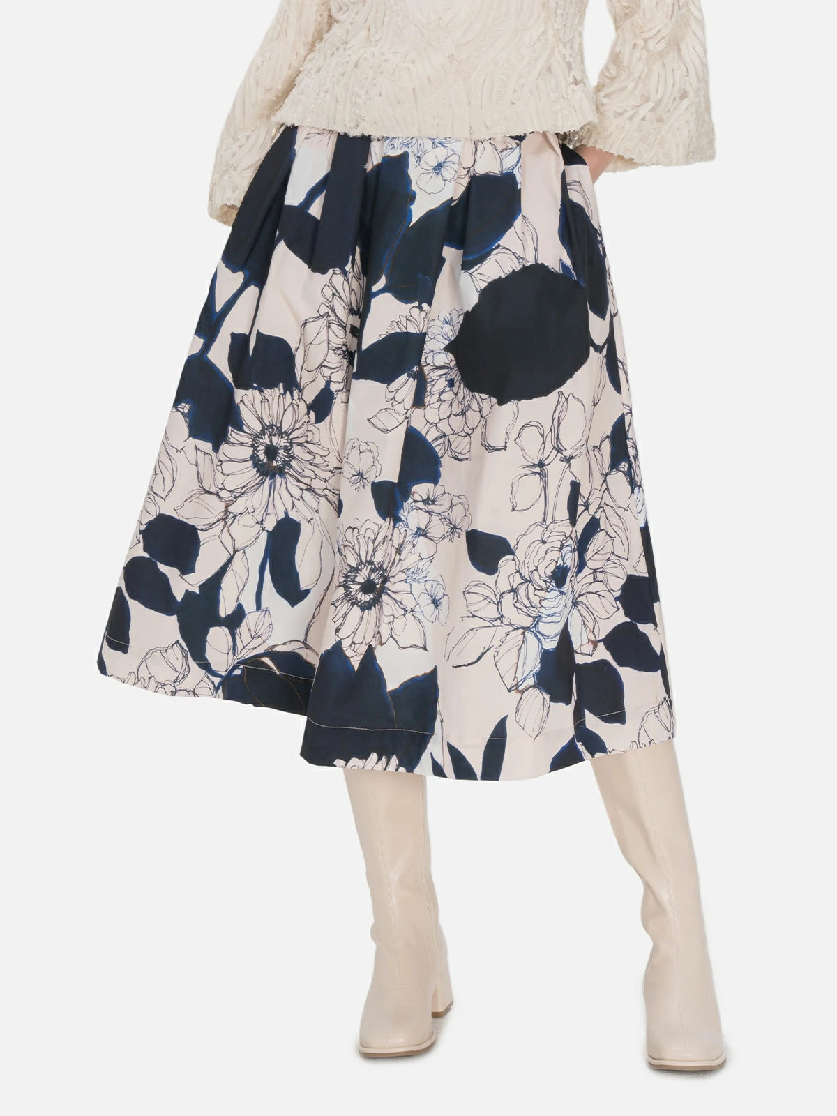 Playful and vibrant floral patterned A-line midi skirt, adding a touch of whimsy to your wardrobe