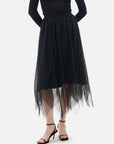 Stylish black dual-layer structure midi skirt