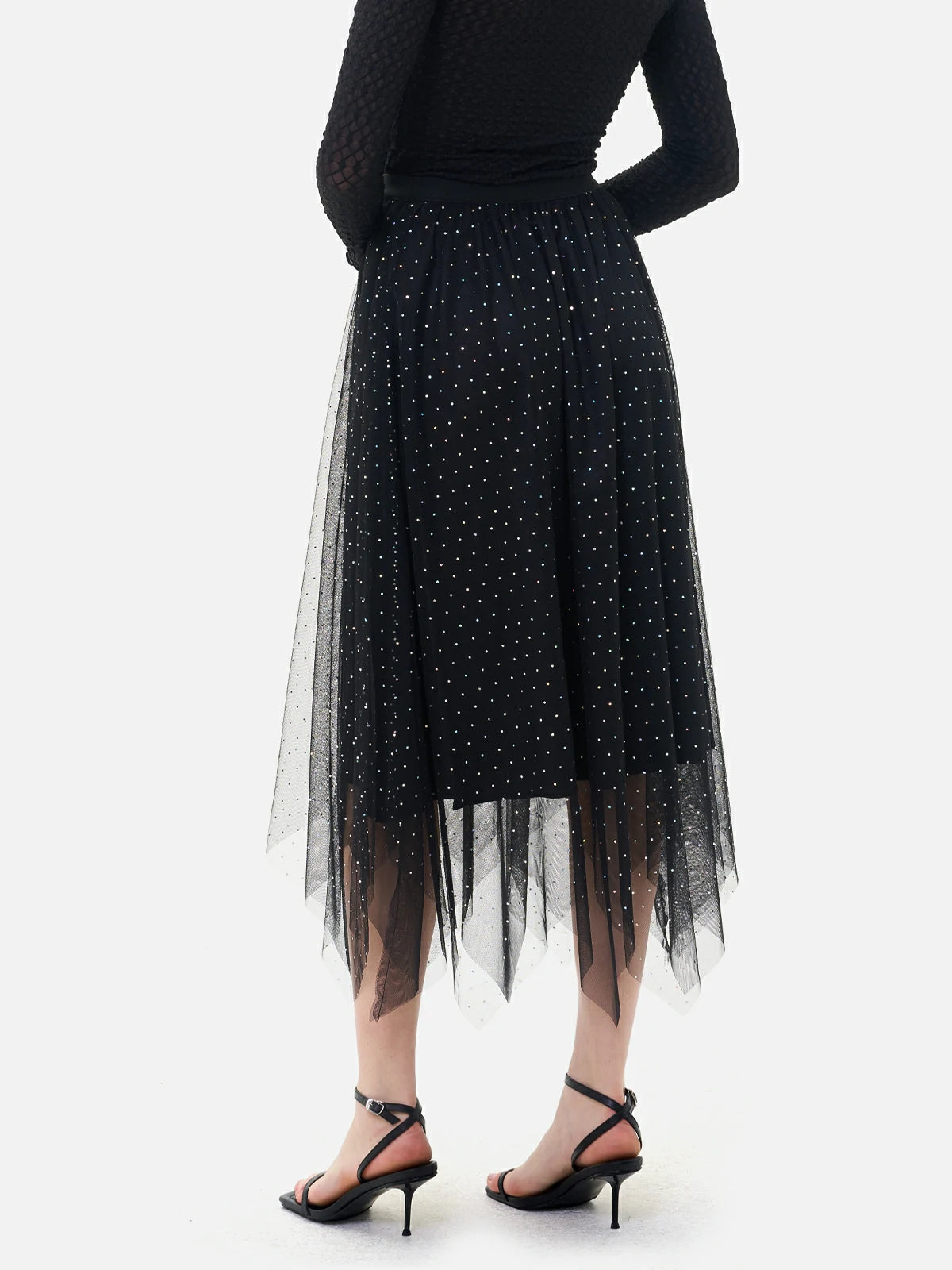 Sequin-decorated irregular hemline midi skirt