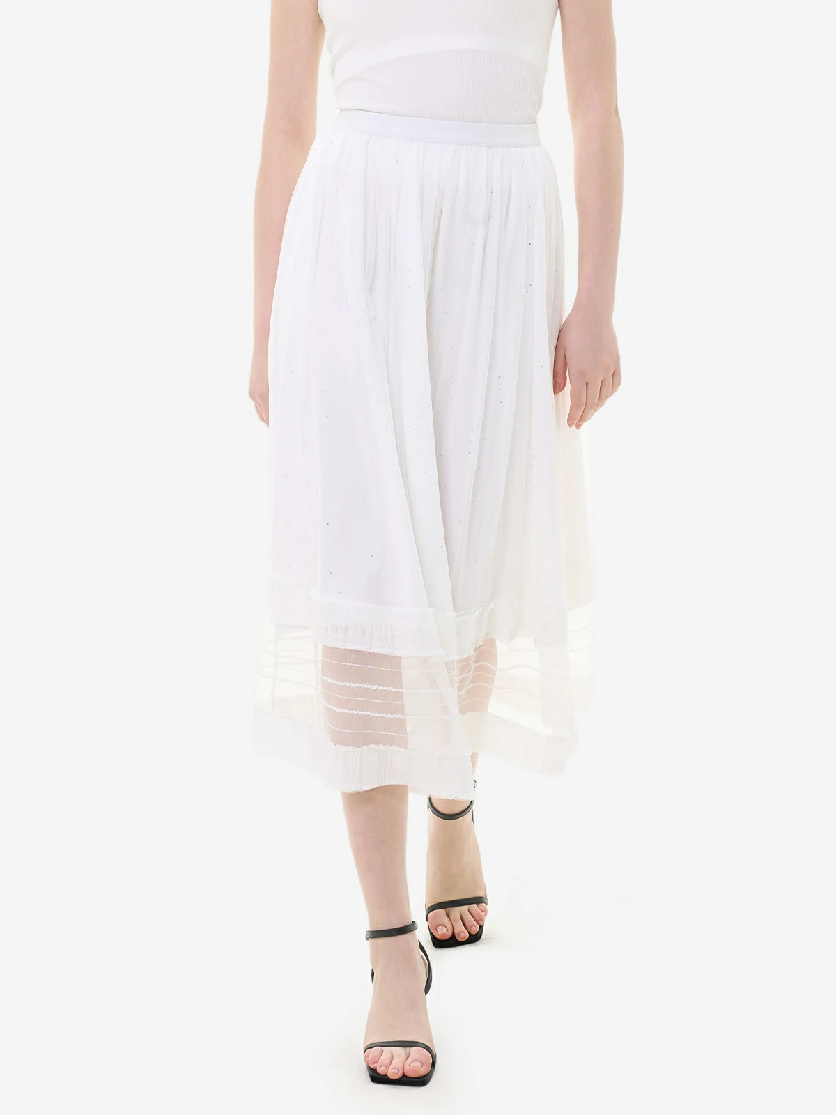 White elastic waist lace midi skirt